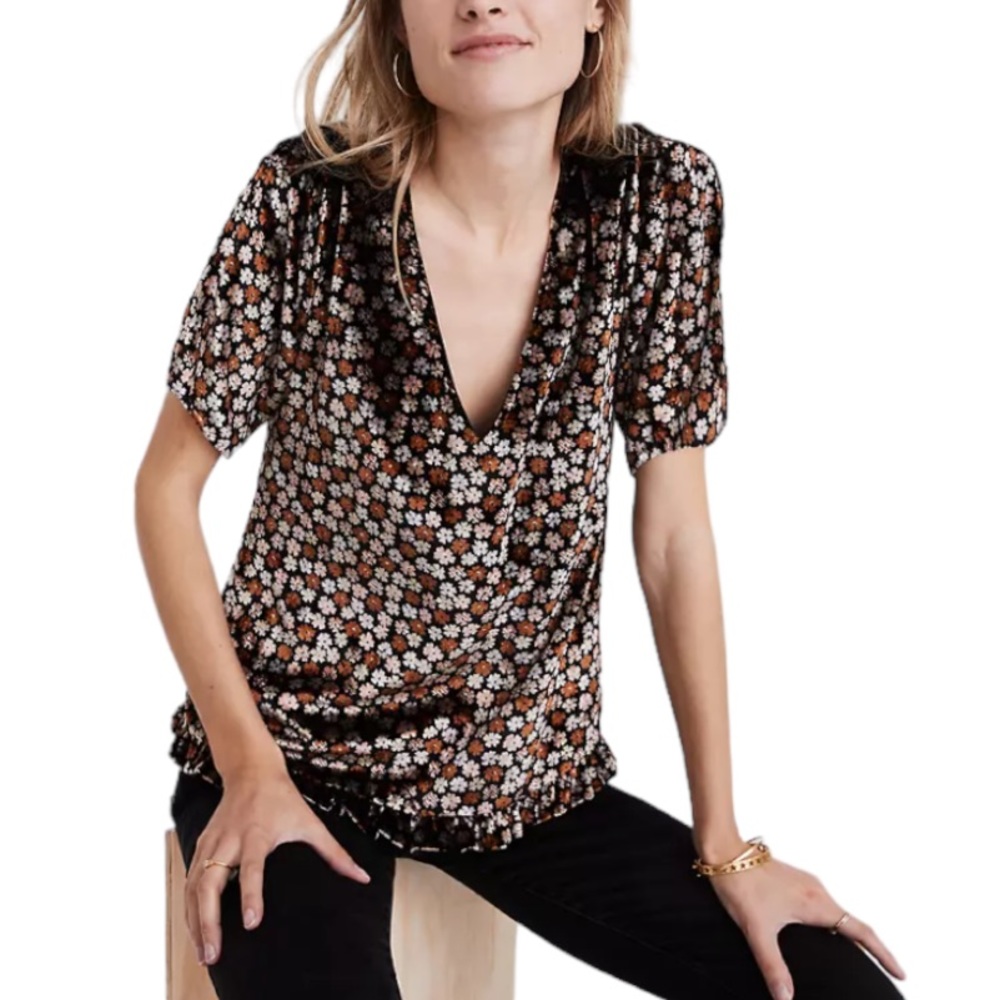 Madewell Velvet Tulip-Sleeve Ruffle Top in Petite Blooms D7